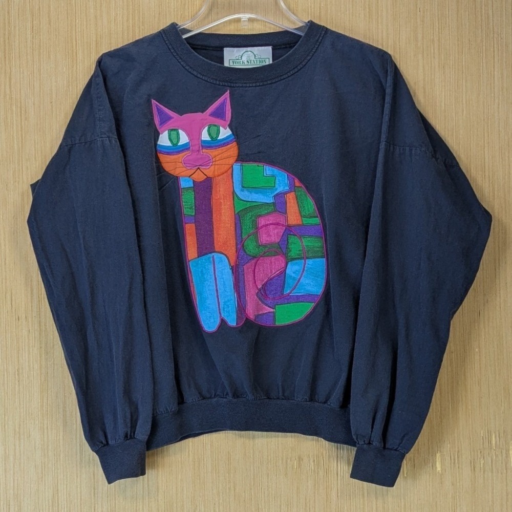 Vintage 1991 Colorful Artsy Abstract Cat Sweatshirt Size M Faded Black Oversized